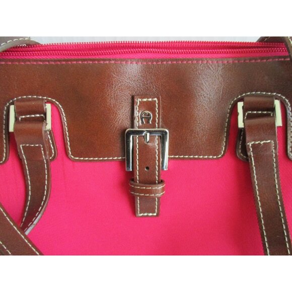 *Etienne Aigner Red Cranberry Satchel Grosgrain w Brown Trim and Accents - Picture 2 of 7